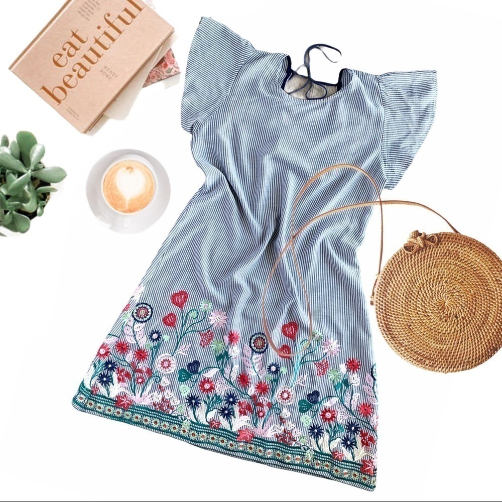Embroidered Cap Sleeve Striped Dress